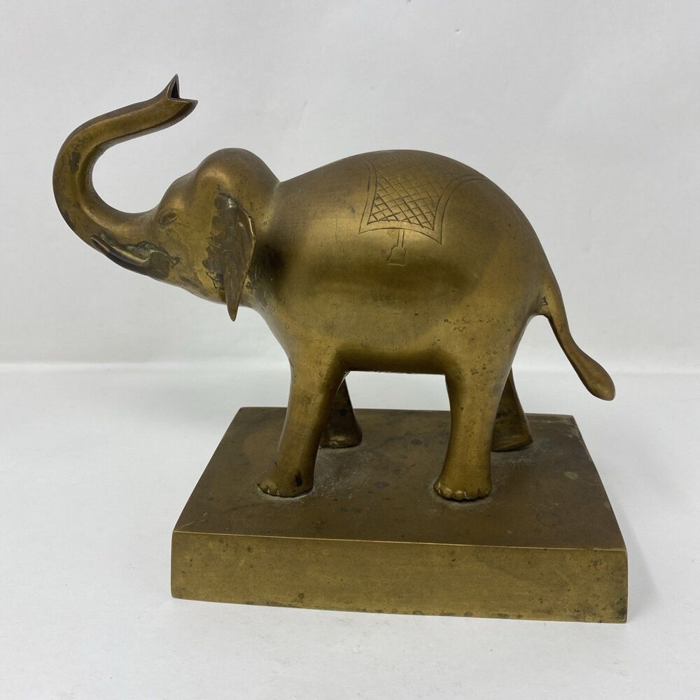 Vintage Brass Elephant Statue On Brass Stand 7" x 8.5" Trunk Up Mid Century MCM